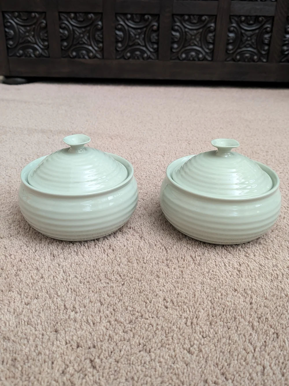 Sophie Conran Portmeirion Pale Green Ribbed Lidded Serving Bowls, Set of 2